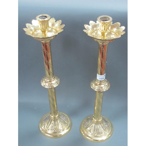 1250 - A Pair of Late XIX Century Brass Ecclesiastical Style Altar Candlesticks, elaborately cast with leav... 