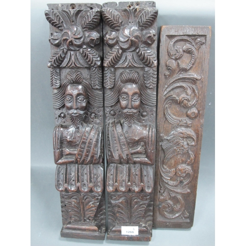 1266 - A Pair of XVII Century Oak Caryatids, of bearded gentleman, 51cm high; together with an early XVIII ... 