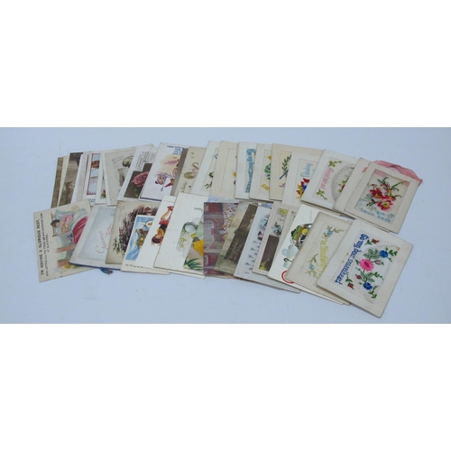 1304 - Fourteen WWI Silk Postcards, within embossed borders, 'Good Luck', 'Forget Me Not', 'To My Dear Swee... 