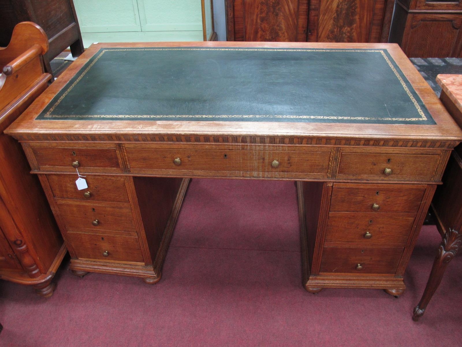 An Early XX Century Oak Pedestal Desk, With Crossbanded Top And Green ...