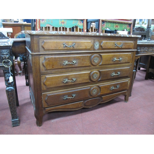 1572 - An Early XX Century Continental Oak Chest of Drawers, with a marble top over four long drawers on sh... 