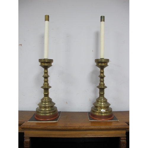 1575 - A Large Pair of Late XIX Century Brass Ecclesiastical Style Altar Candlesticks, with castellated dri... 