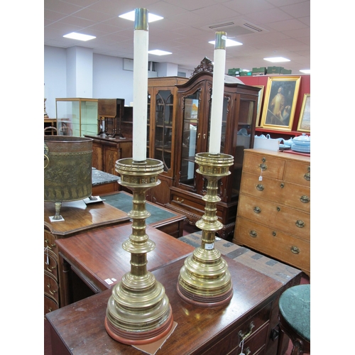 1576 - A Large Pair of Late XIX Century Brass Ecclesiastical Style Altar Candlesticks, with castellated dri... 