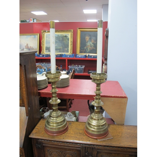 1577 - A Large Pair of Late XIX Century Brass Ecclesiastical Style Altar Candlesticks, with castellated dri... 