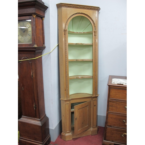 1579 - A Pair of George III Style Corner Cupboards, with carved lotus frieze, three shaped open shelves ove... 