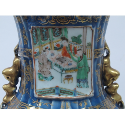 1163 - A XIX Century Chinese Porcelain Blue Ground Famille Verte Vase, painted with two panels of figures i... 