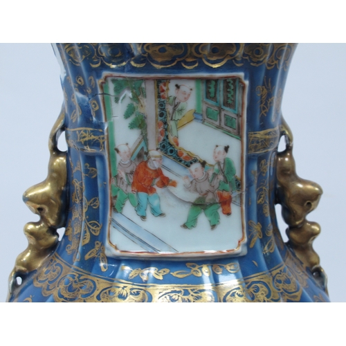 1163 - A XIX Century Chinese Porcelain Blue Ground Famille Verte Vase, painted with two panels of figures i... 