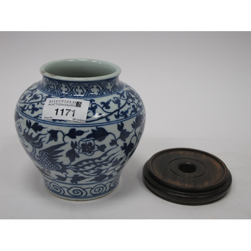 1171 - A XX Century Chinese Pottery Vase, of baluster form, painted in blue with a phoenix amongst flowerin... 