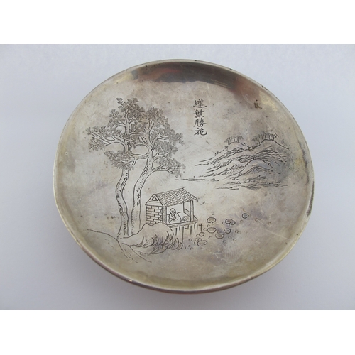 16 - A Chinese Circular Dish, with engraved rural dwelling, on plain rim base, stamped character mark, 10... 