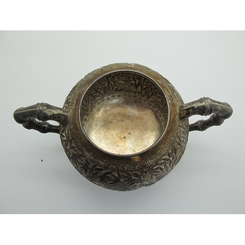 17 - A Chinese Three Piece Tea Set, each allover detailed in relief with bamboo (indistinctly stamped cha... 