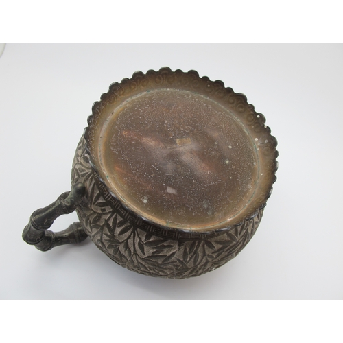 17 - A Chinese Three Piece Tea Set, each allover detailed in relief with bamboo (indistinctly stamped cha... 