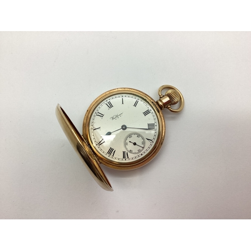 140 - Waltham; A Gold Plated Cased Hunter Pocket Watch, the signed dial with black Roman numerals and seco... 