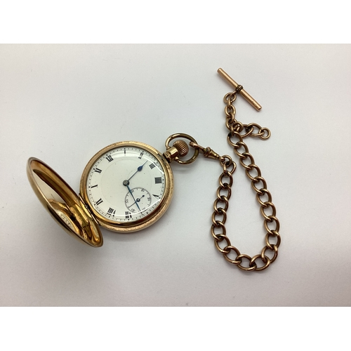 146 - A Gold Plated Cased Hunter Pocket Watch, the white dial with black Roman numerals and seconds subsid... 