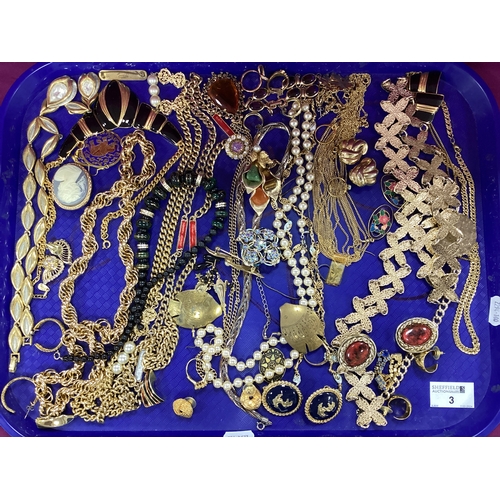 3 - A Selection of Gilt Coloured Costume Jewellery, including cameo style brooch, necklaces, clip on ear... 