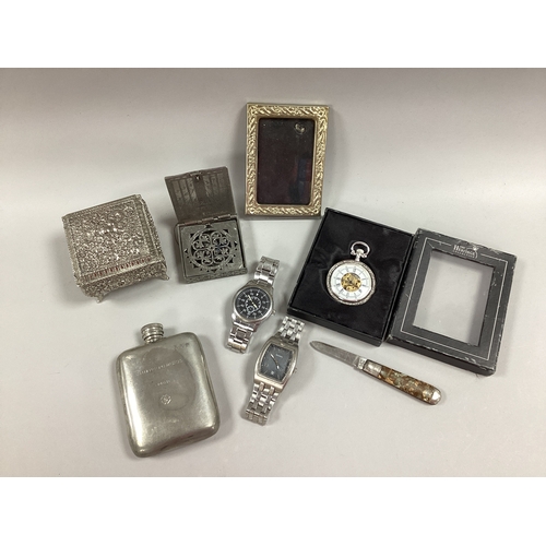 90 - Sheffield Forgemasters Pewter Hipflask, gent's wristwatches, photograph frame, floral trinket box, a... 