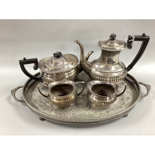 96 - Pinder Bros Plated Four Piece Tea Set, each of semi reeded form, together with a twin handled oval p... 