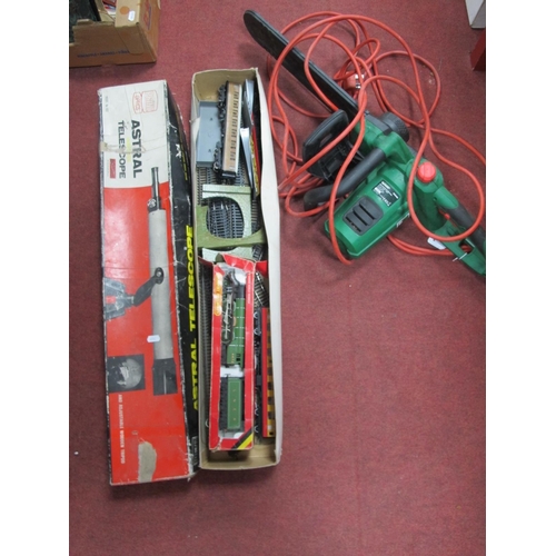 1139 - Qualcast Electric Chainsaw (untested sold for parts only). and a box of model railway from Hornby an... 