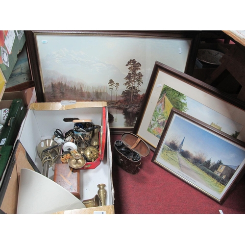 1142 - Binoculars 8 x 26, musical box, brassware, lamp, scissors, Wade figures, prints, watercolour, etc.