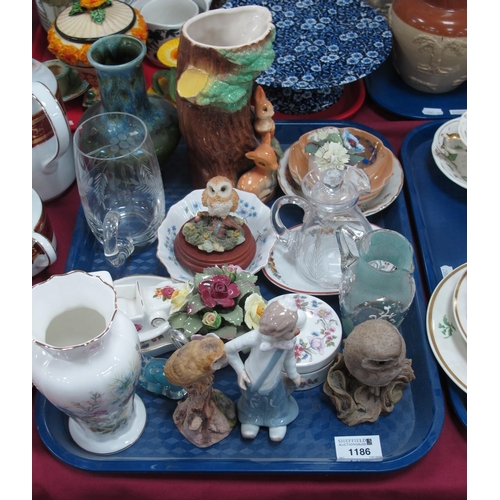 1186 - Ansley 'Wild Tudor' vase glass jug with etched decoration, regency fine arts, 'Barn Owl' etc. 1 Tray