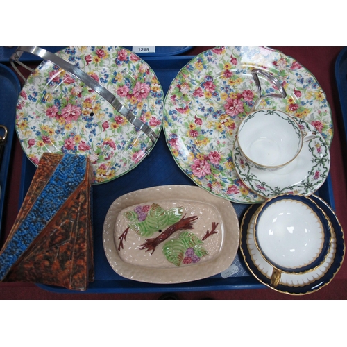 1214 - Chintz Cake Plates, Bretby angular vase, Coalport and Wedgwood cups and saucers, etc:- One Tray.