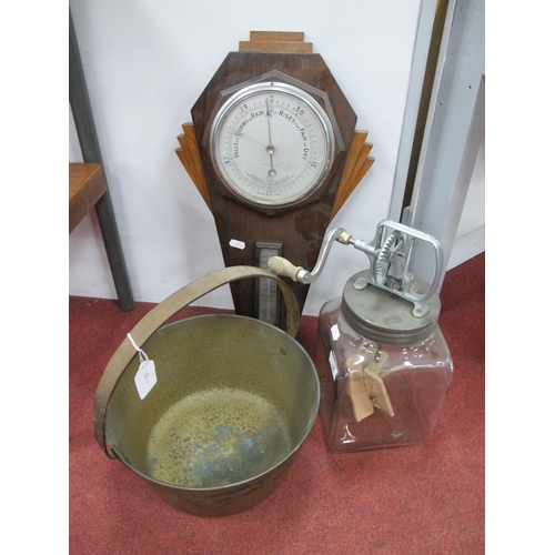 1460 - Blow Butter Churn, Art Deco wall barometer, brass jam pan, 29.5cm diameter (3).