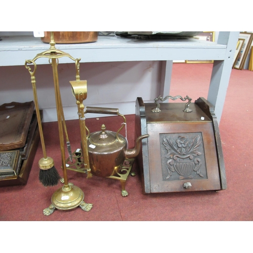 1464 - XIX Century Copper Kettle, XIX Century brass trivet with pieced top, brass fire irons on a stand, to... 