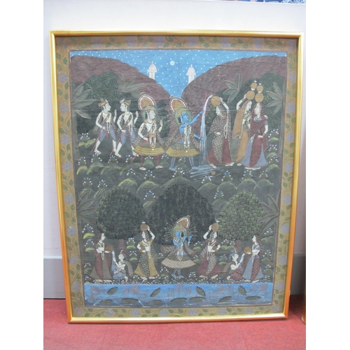 1469 - Indian Garden Scene with Water Carriers, Gods, and other figures, watercolor on fabric, 115.5 x 93.5... 