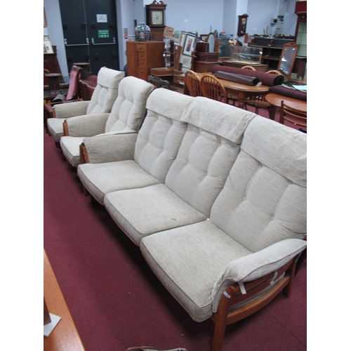 1586 - Erocol Three Piece Suite, three seater settee, together with two armchairs, upholstered in light gre... 