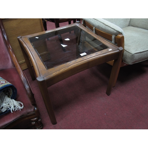 1590 - Ercol Coffee Table, with glass on half-round supports, 59cm wide.