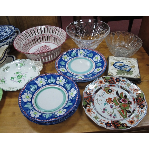 1024 - Spanish and Italian Floral Pottery, Blue and White oval lidded tureen, Ducal Duchess sauce boat, XIX... 