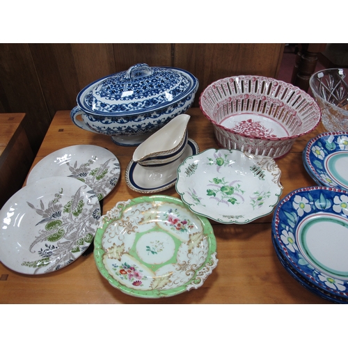 1024 - Spanish and Italian Floral Pottery, Blue and White oval lidded tureen, Ducal Duchess sauce boat, XIX... 