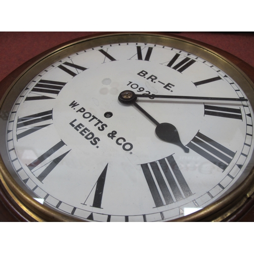 336 - Railway Clock by W. Potts & Co of Leeds, twelve-inch diameter dial marked BR-E 10923, wooden case wi... 