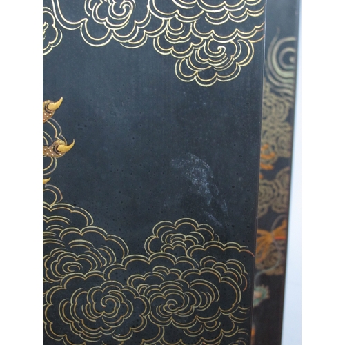 1613 - Oriental - Chinese Folding Screen with Ebonized Frame, applied gilt exotic birds and foliage to the ... 