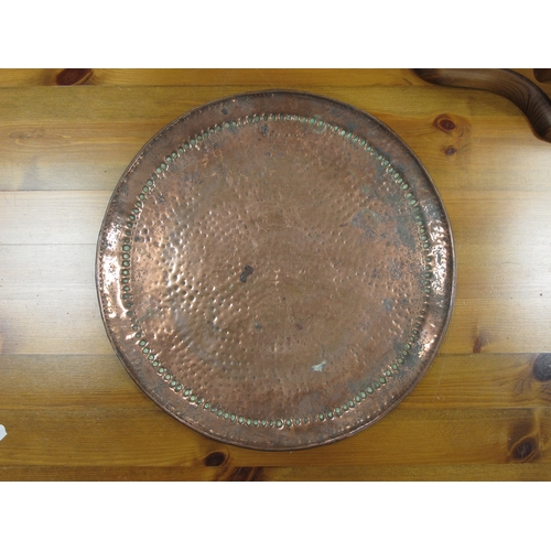 1032 - 'JP' Beaten Copper Tray, 28.5cm diameter, other smaller, Hookah pipe, copper bowl, lamp, metal signs... 