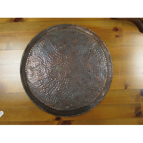 1032 - 'JP' Beaten Copper Tray, 28.5cm diameter, other smaller, Hookah pipe, copper bowl, lamp, metal signs... 