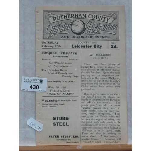 430 - 1920-1 Rotherham County v. Leicester City Eight Page Programme, for The Division Two Fixture, dated ... 