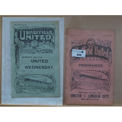 444 - 1916 Sheffield United Reserves v. Rotherham County Programmes for The Midland League Fixtures, dated... 