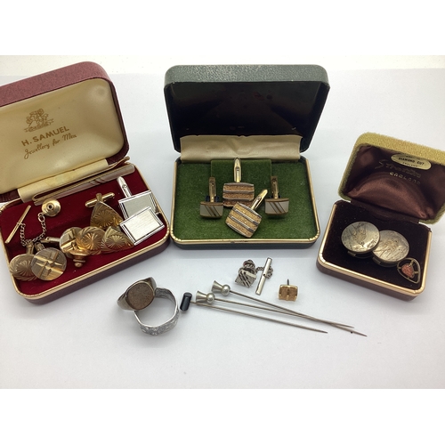 166 - Assorted Cufflinks, tie pins, a signet ring, wide band ring, etc.