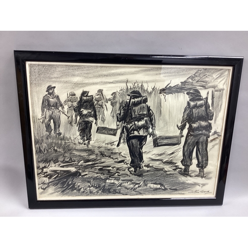 710 - Arthur Ward (English 1906-1995) Charcoal/Pencil Sketch British Soldiers Carrying Ammunition (approxi... 