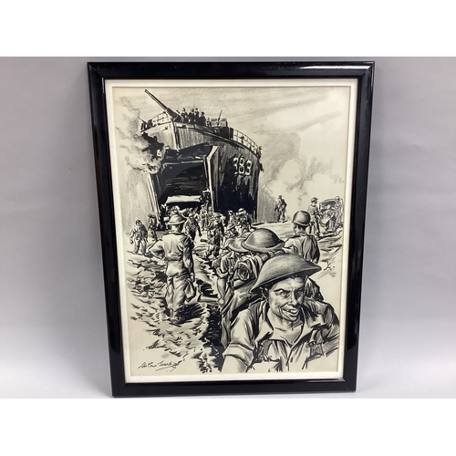 711 - Arthur Ward (English 1906-1995) Charcoal/Pencil Sketch British Soldiers Disembarking From Landing Sh... 