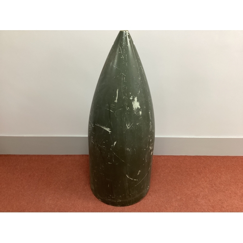 721 - Probable cut-off and split section of an aircraft drop tank, painted green with a black stencil mark... 