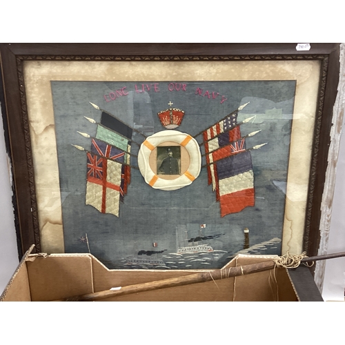 724 - Mixed Selection Of Military Themed Items, including WWI framed material 'Long Live Our Navy' fabric ... 