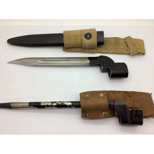 777 - British Army No.9 Bayonet, with webbing frog and scabbard, plus spike bayonet and scabbard with non-... 