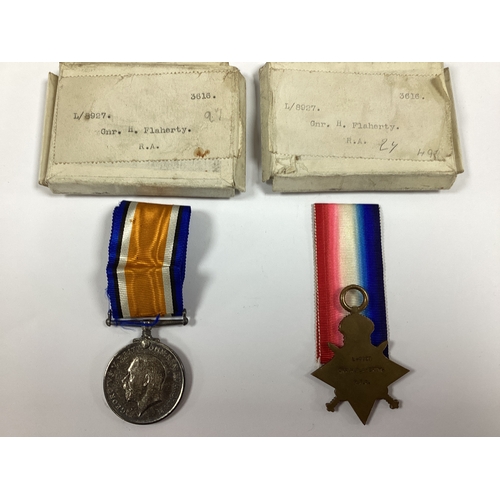 825 - WWI British Medals With Boxes, 1914-15 Star and British War Medal awarded to L-8927 GNR H Flaherty R... 