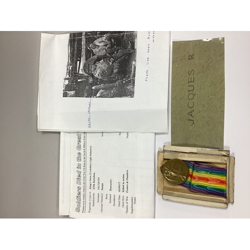 867 - WWI Victory Medal With Box, awarded to 5023 Pte R.Jaques KOYLI. Includes some research documents and... 