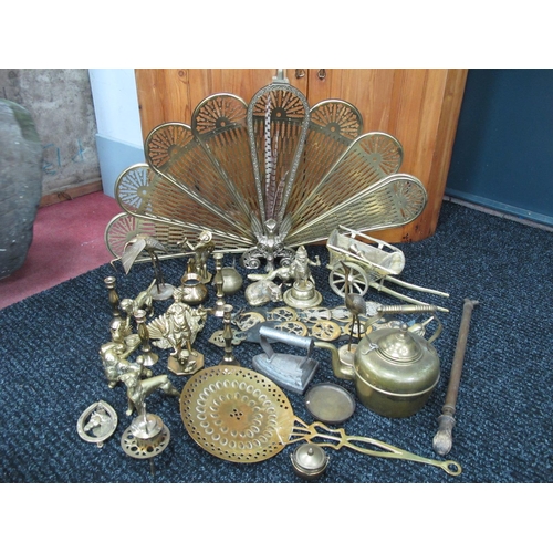 1001 - Brass Kettle, brass horse brasses, brass casting of Mr. Punch, brass candlesticks, flat iron, etc:- ... 