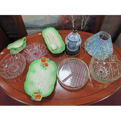 1017 - Beswick Ware Salad Bowl, celery dish, sauce boat, dish, pressed glass bowl, table lamp:- One Box.