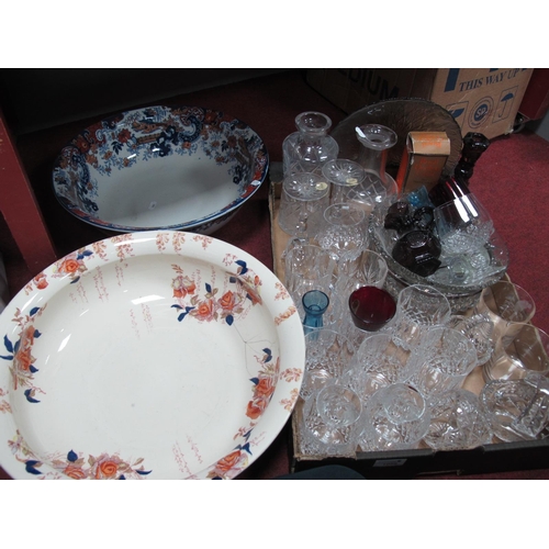 1056 - Two Decanters, drinking glasses, baskets, etc:- One Box. Two pottery wash bowls.