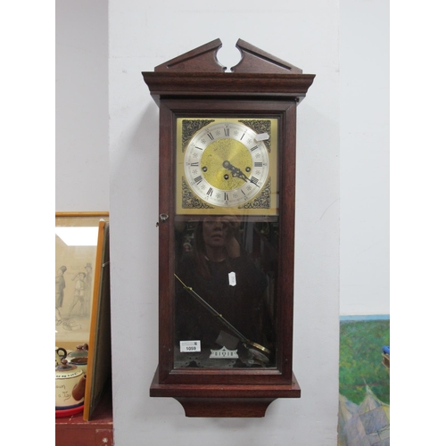 1059 - Mahogany Cased Wall Clock, top with a broken pediment, glazed door, silvered chapter ring, shaped ba... 