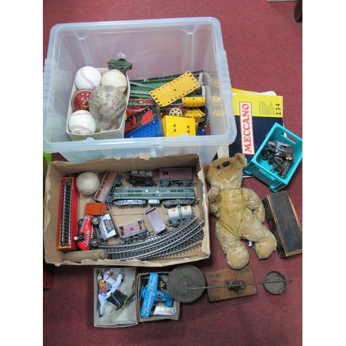 1084 - Vintage Toys, including Meccano and catalogues, teddy bear, boxed tinplate toys, lead items etc:- Tw... 